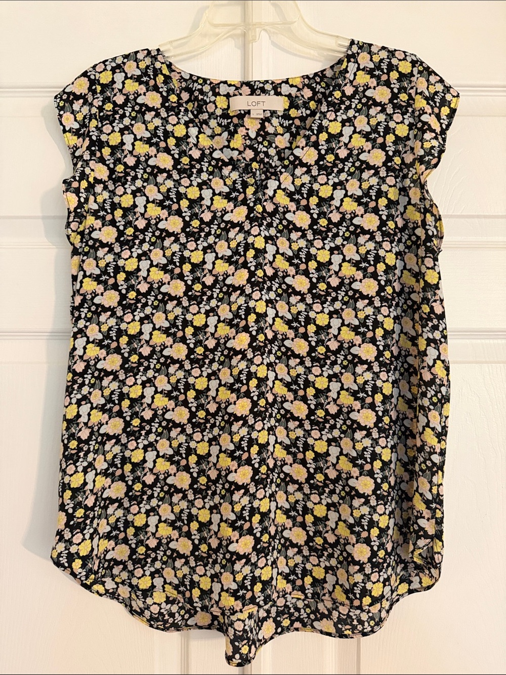 LOFT Black Floral Cap Sleeve Blouse with Yellow & Pink Flowers